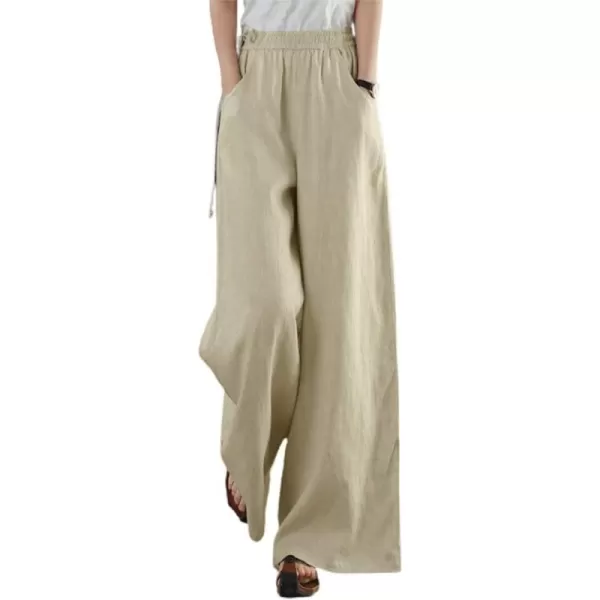 chouyatou Womens Wide Legs Elastic High Waisted Loose Fit Cotton Linen Pants PalazzoKhaki
