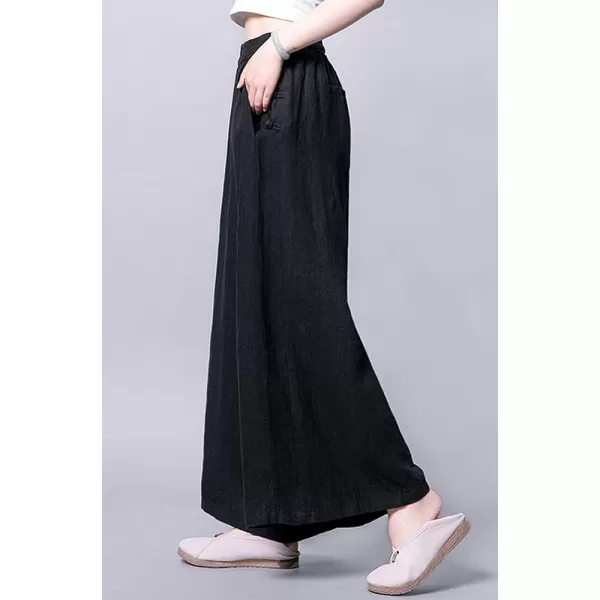 chouyatou Womens Baggy Elastic Waist Chinese Frog Button Wide Leg Linen PantsBlack