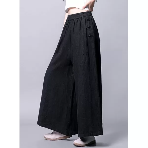 chouyatou Womens Baggy Elastic Waist Chinese Frog Button Wide Leg Linen PantsBlack