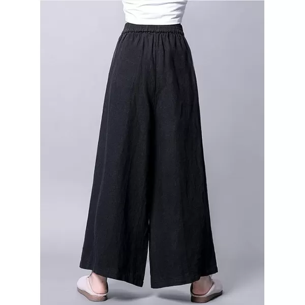 chouyatou Womens Baggy Elastic Waist Chinese Frog Button Wide Leg Linen PantsBlack