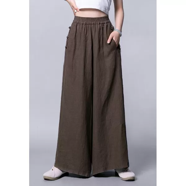 chouyatou Womens Baggy Elastic Waist Chinese Frog Button Wide Leg Linen PantsBrown
