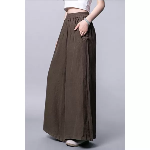 chouyatou Womens Baggy Elastic Waist Chinese Frog Button Wide Leg Linen PantsBrown