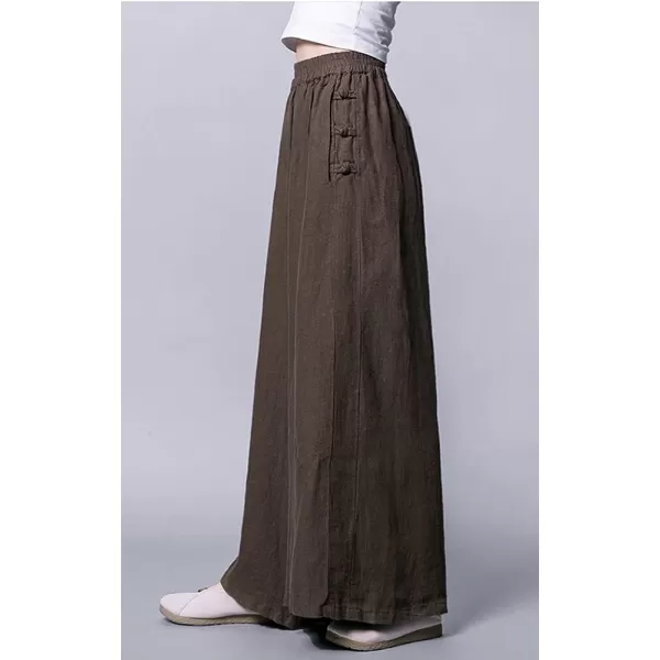 chouyatou Womens Baggy Elastic Waist Chinese Frog Button Wide Leg Linen PantsBrown