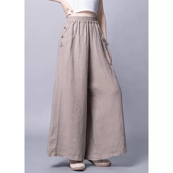 chouyatou Womens Baggy Elastic Waist Chinese Frog Button Wide Leg Linen PantsKhaki