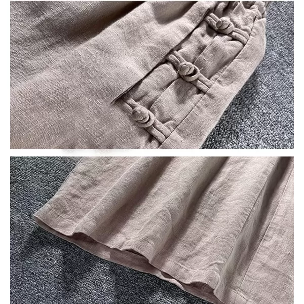 chouyatou Womens Baggy Elastic Waist Chinese Frog Button Wide Leg Linen PantsKhaki