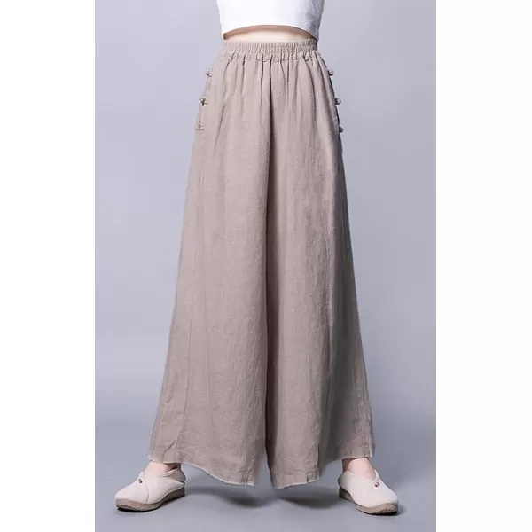 chouyatou Womens Baggy Elastic Waist Chinese Frog Button Wide Leg Linen PantsKhaki