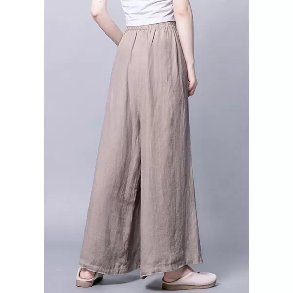 chouyatou Womens Baggy Elastic Waist Chinese Frog Button Wide Leg Linen PantsKhaki