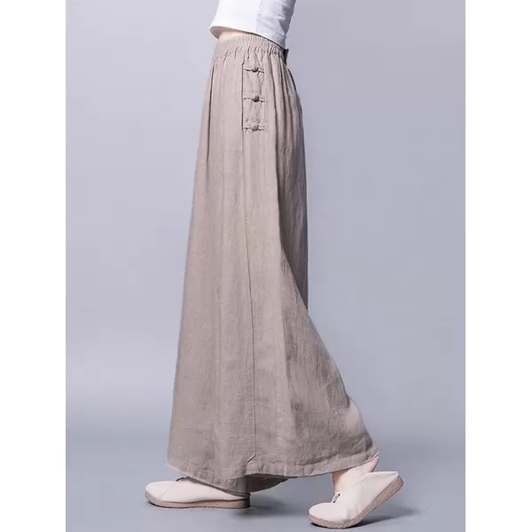 chouyatou Womens Baggy Elastic Waist Chinese Frog Button Wide Leg Linen PantsKhaki