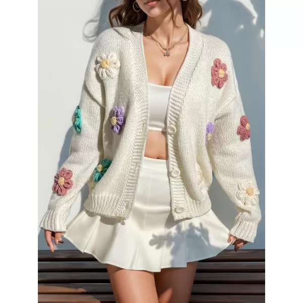 chouyatou Womens Color Block Button Down Cardigans Y2K Floral Applique Knit Cardigan SweatersBeige White