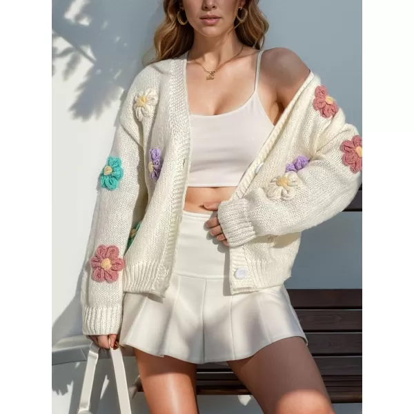 chouyatou Womens Color Block Button Down Cardigans Y2K Floral Applique Knit Cardigan SweatersBeige White
