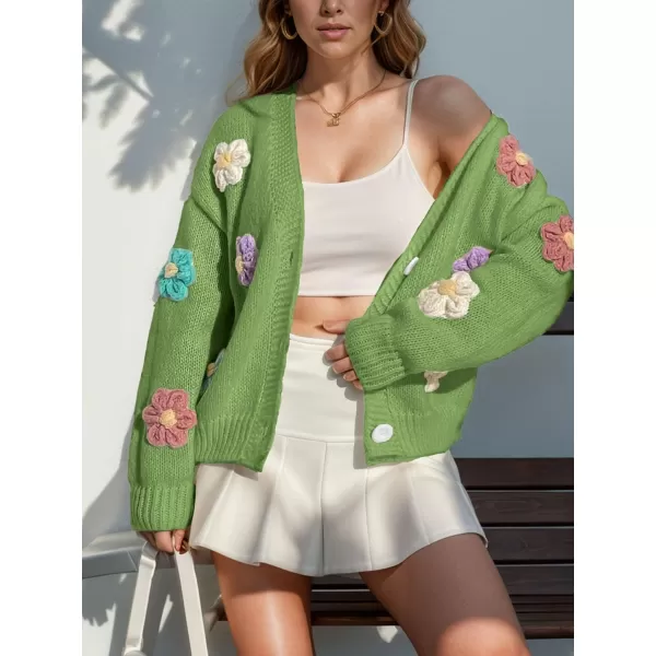 chouyatou Womens Color Block Button Down Cardigans Y2K Floral Applique Knit Cardigan SweatersGreen