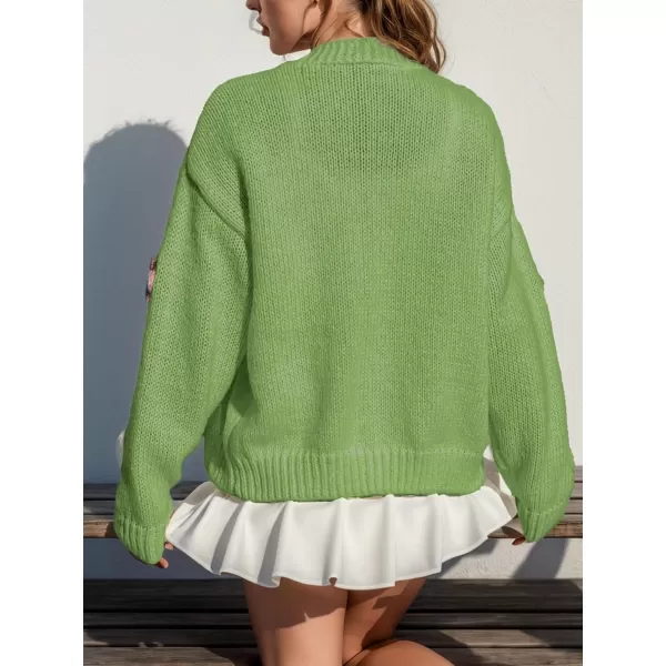 chouyatou Womens Color Block Button Down Cardigans Y2K Floral Applique Knit Cardigan SweatersGreen