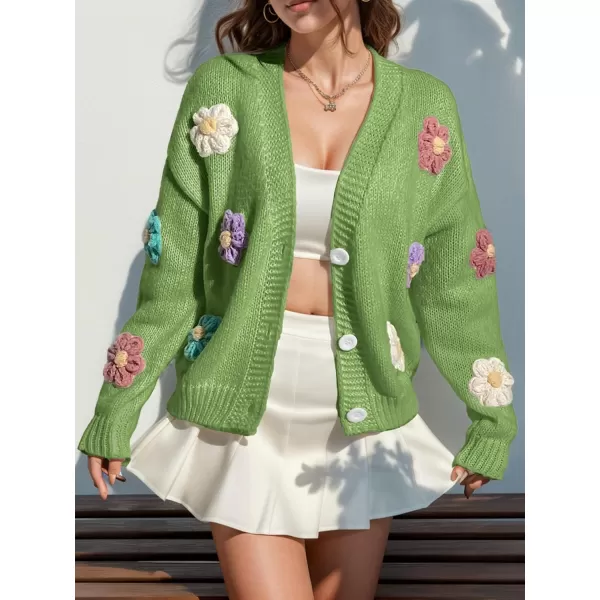 chouyatou Womens Color Block Button Down Cardigans Y2K Floral Applique Knit Cardigan SweatersGreen