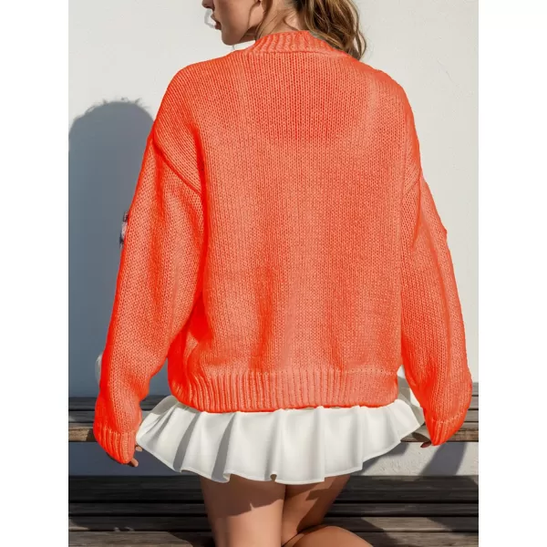 chouyatou Womens Color Block Button Down Cardigans Y2K Floral Applique Knit Cardigan SweatersOrange