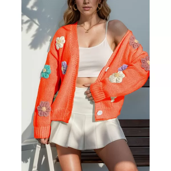 chouyatou Womens Color Block Button Down Cardigans Y2K Floral Applique Knit Cardigan SweatersOrange