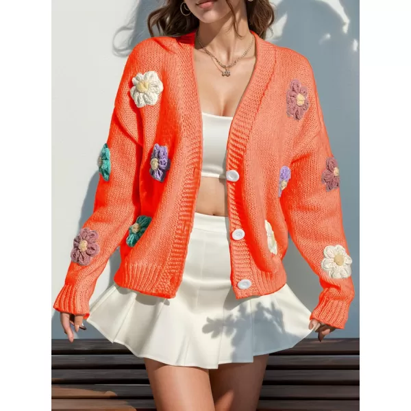 chouyatou Womens Color Block Button Down Cardigans Y2K Floral Applique Knit Cardigan SweatersOrange