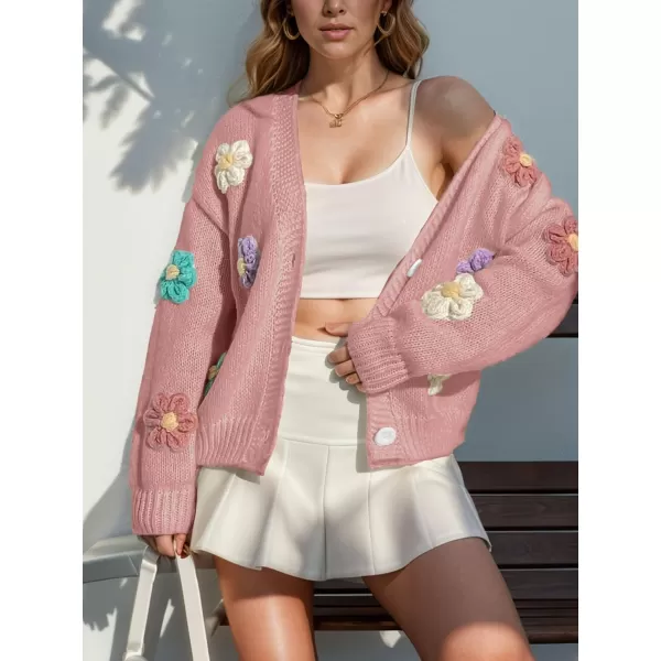 chouyatou Womens Color Block Button Down Cardigans Y2K Floral Applique Knit Cardigan SweatersPink