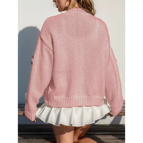 chouyatou Womens Color Block Button Down Cardigans Y2K Floral Applique Knit Cardigan SweatersPink
