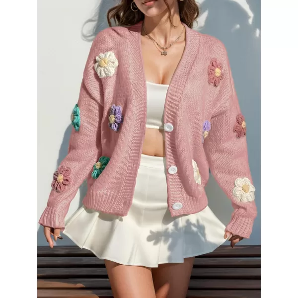 chouyatou Womens Color Block Button Down Cardigans Y2K Floral Applique Knit Cardigan SweatersPink