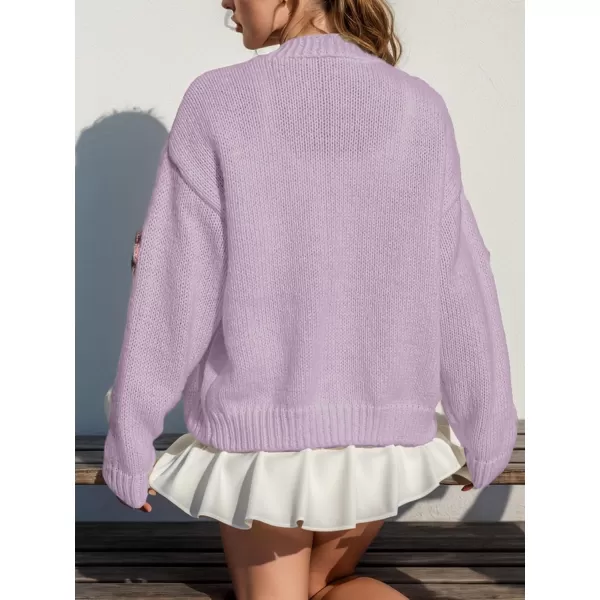 chouyatou Womens Color Block Button Down Cardigans Y2K Floral Applique Knit Cardigan SweatersPurple
