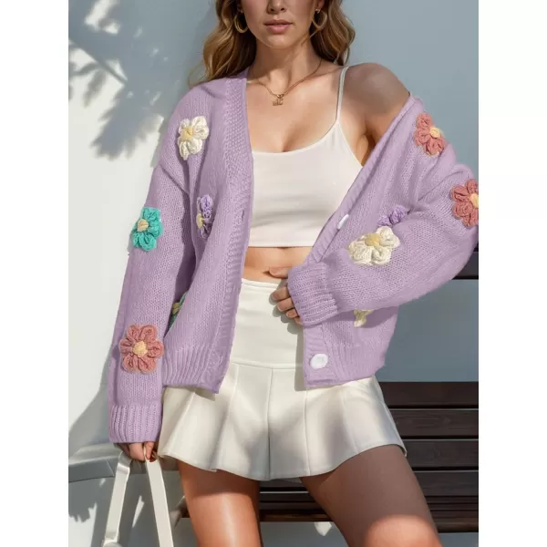 chouyatou Womens Color Block Button Down Cardigans Y2K Floral Applique Knit Cardigan SweatersPurple