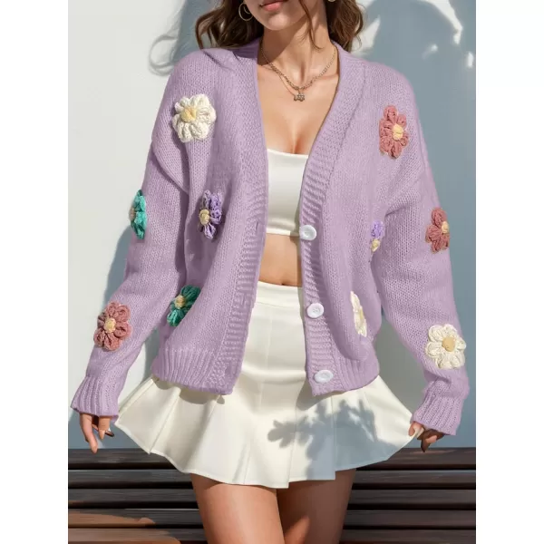 chouyatou Womens Color Block Button Down Cardigans Y2K Floral Applique Knit Cardigan SweatersPurple