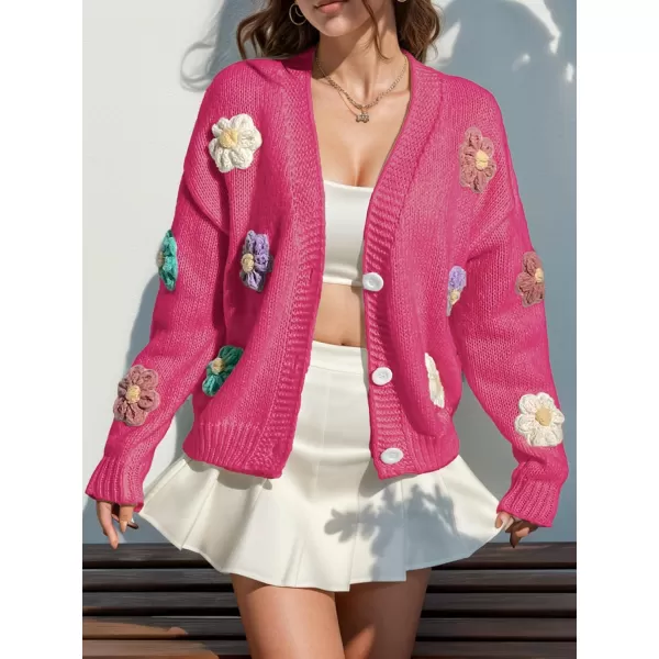 chouyatou Womens Color Block Button Down Cardigans Y2K Floral Applique Knit Cardigan SweatersRose Red
