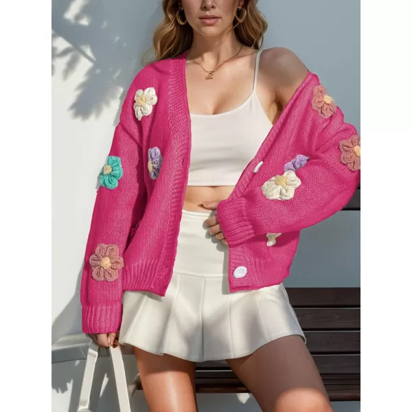 chouyatou Womens Color Block Button Down Cardigans Y2K Floral Applique Knit Cardigan SweatersRose Red