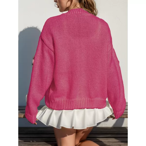 chouyatou Womens Color Block Button Down Cardigans Y2K Floral Applique Knit Cardigan SweatersRose Red