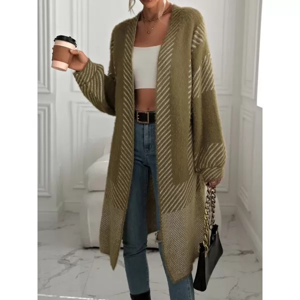 chouyatou Womens Color Block Striped Fuzzy Long Cardigan Sweaters Open Front Diagonal Stripe Knit Cardigan Jacket CoatArmy Green