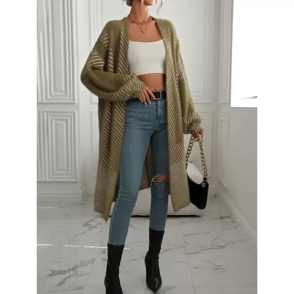 chouyatou Womens Color Block Striped Fuzzy Long Cardigan Sweaters Open Front Diagonal Stripe Knit Cardigan Jacket CoatArmy Green