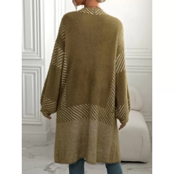 chouyatou Womens Color Block Striped Fuzzy Long Cardigan Sweaters Open Front Diagonal Stripe Knit Cardigan Jacket CoatArmy Green