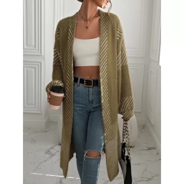chouyatou Womens Color Block Striped Fuzzy Long Cardigan Sweaters Open Front Diagonal Stripe Knit Cardigan Jacket CoatArmy Green
