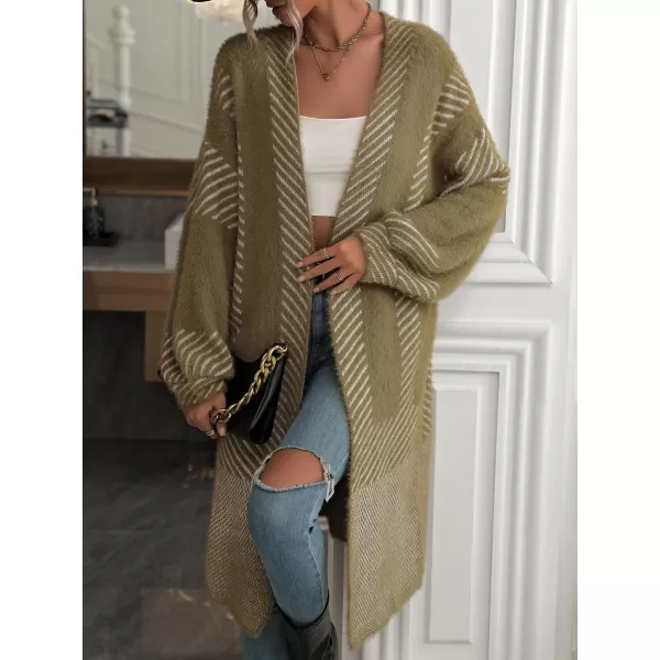 chouyatou Womens Color Block Striped Fuzzy Long Cardigan Sweaters Open Front Diagonal Stripe Knit Cardigan Jacket CoatArmy Green