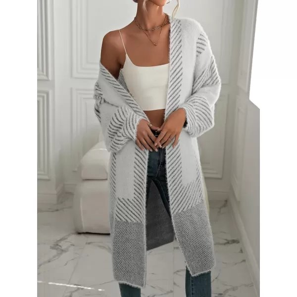 chouyatou Womens Color Block Striped Fuzzy Long Cardigan Sweaters Open Front Diagonal Stripe Knit Cardigan Jacket CoatGray