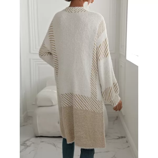 chouyatou Womens Color Block Striped Fuzzy Long Cardigan Sweaters Open Front Diagonal Stripe Knit Cardigan Jacket CoatKhaki