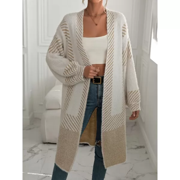 chouyatou Womens Color Block Striped Fuzzy Long Cardigan Sweaters Open Front Diagonal Stripe Knit Cardigan Jacket CoatKhaki