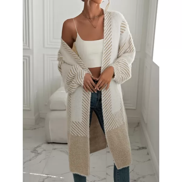chouyatou Womens Color Block Striped Fuzzy Long Cardigan Sweaters Open Front Diagonal Stripe Knit Cardigan Jacket CoatKhaki