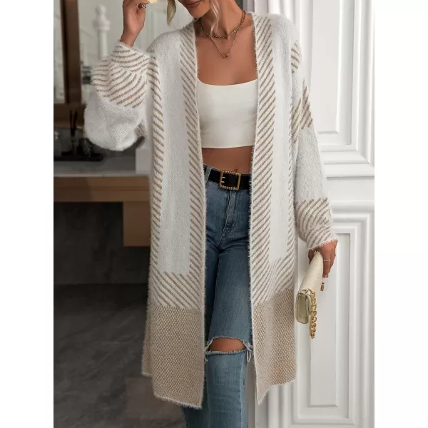 chouyatou Womens Color Block Striped Fuzzy Long Cardigan Sweaters Open Front Diagonal Stripe Knit Cardigan Jacket CoatKhaki
