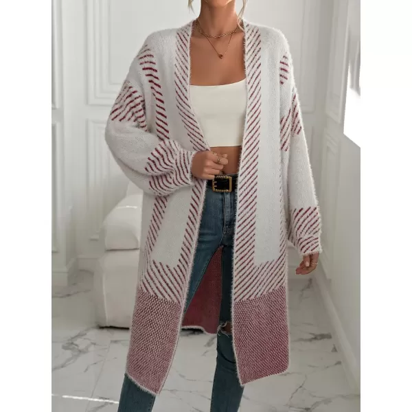 chouyatou Womens Color Block Striped Fuzzy Long Cardigan Sweaters Open Front Diagonal Stripe Knit Cardigan Jacket CoatWine Red