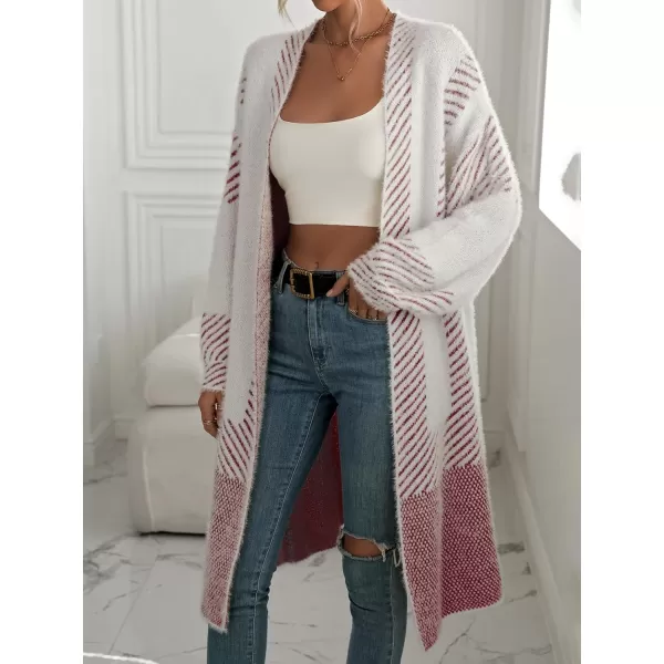 chouyatou Womens Color Block Striped Fuzzy Long Cardigan Sweaters Open Front Diagonal Stripe Knit Cardigan Jacket CoatWine Red