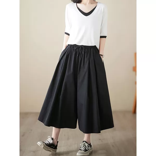 chouyatou Womens Summer Casual Cotton Culottes Pants Drawstring Wide Leg Capri Palazzo PantsBlack