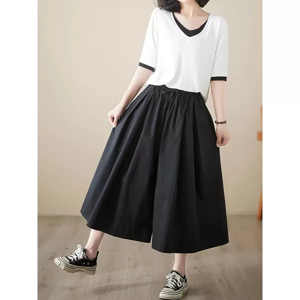 chouyatou Womens Summer Casual Cotton Culottes Pants Drawstring Wide Leg Capri Palazzo PantsBlack
