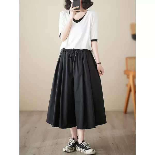 chouyatou Womens Summer Casual Cotton Culottes Pants Drawstring Wide Leg Capri Palazzo PantsBlack