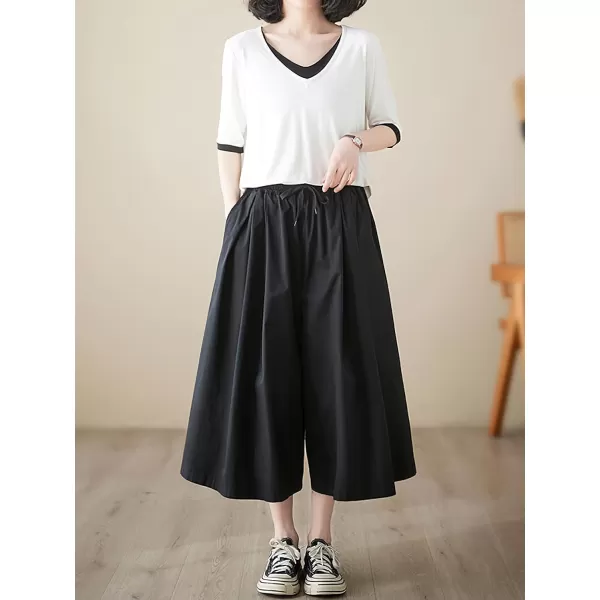 chouyatou Womens Summer Casual Cotton Culottes Pants Drawstring Wide Leg Capri Palazzo PantsBlack