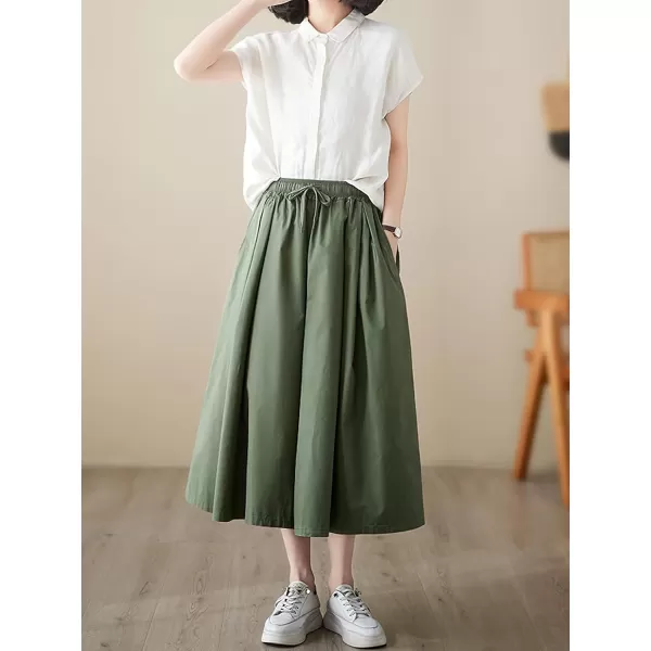 chouyatou Womens Summer Casual Cotton Culottes Pants Drawstring Wide Leg Capri Palazzo PantsGreen
