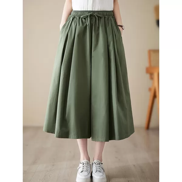 chouyatou Womens Summer Casual Cotton Culottes Pants Drawstring Wide Leg Capri Palazzo PantsGreen