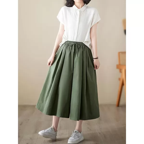 chouyatou Womens Summer Casual Cotton Culottes Pants Drawstring Wide Leg Capri Palazzo PantsGreen