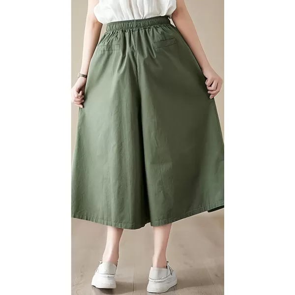 chouyatou Womens Summer Casual Cotton Culottes Pants Drawstring Wide Leg Capri Palazzo PantsGreen