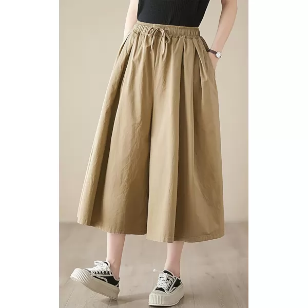 chouyatou Womens Summer Casual Cotton Culottes Pants Drawstring Wide Leg Capri Palazzo PantsKhaki